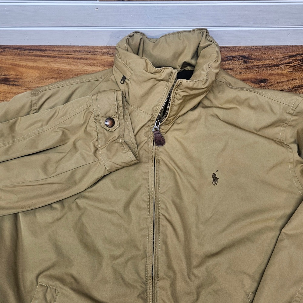 Polo Ralph Lauren Mens Tan Khaki Fleece Lined Harrington Jacket Stowaway Hood L